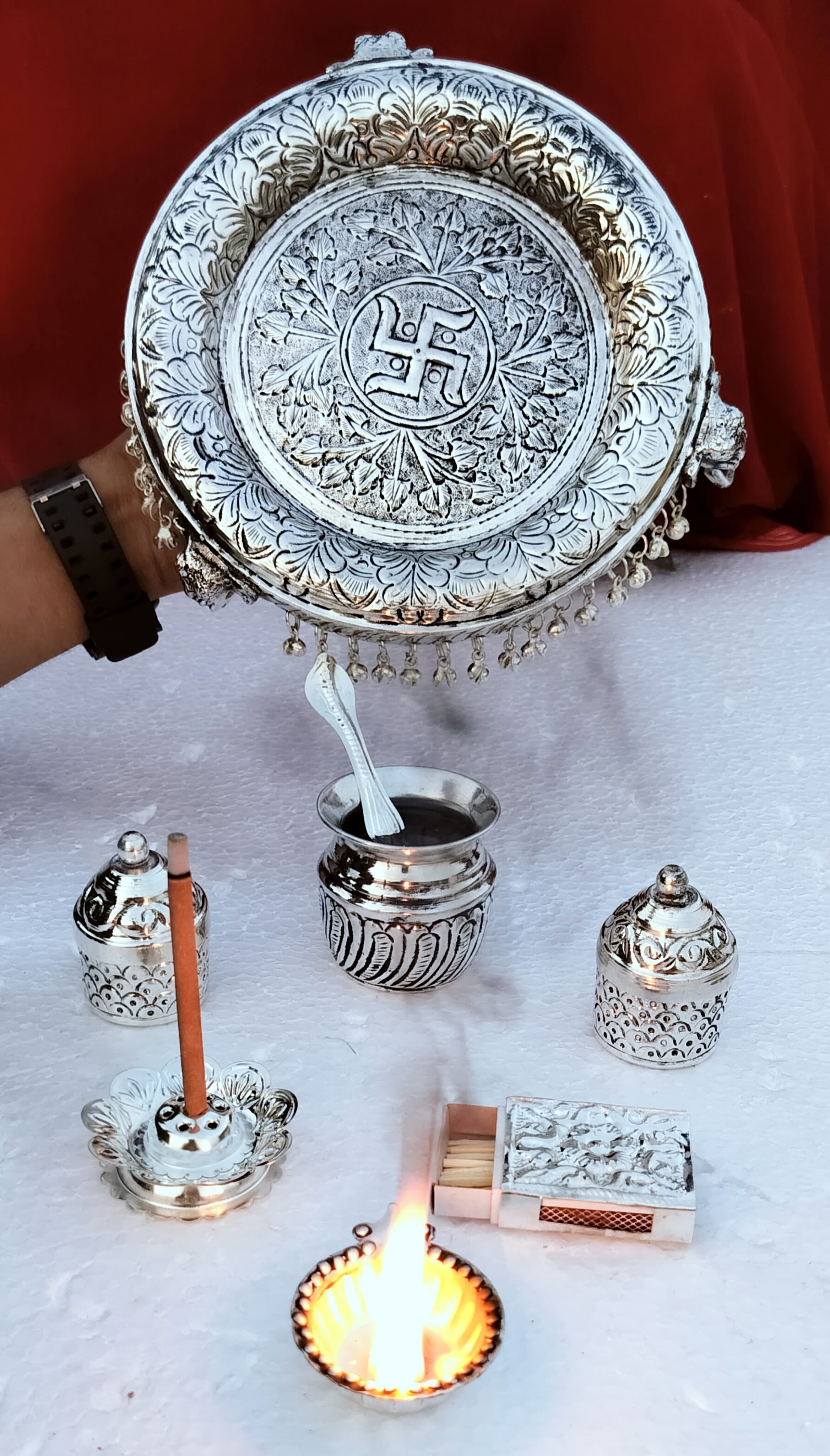 Antique finish German silver Elephant stand aarti thali set